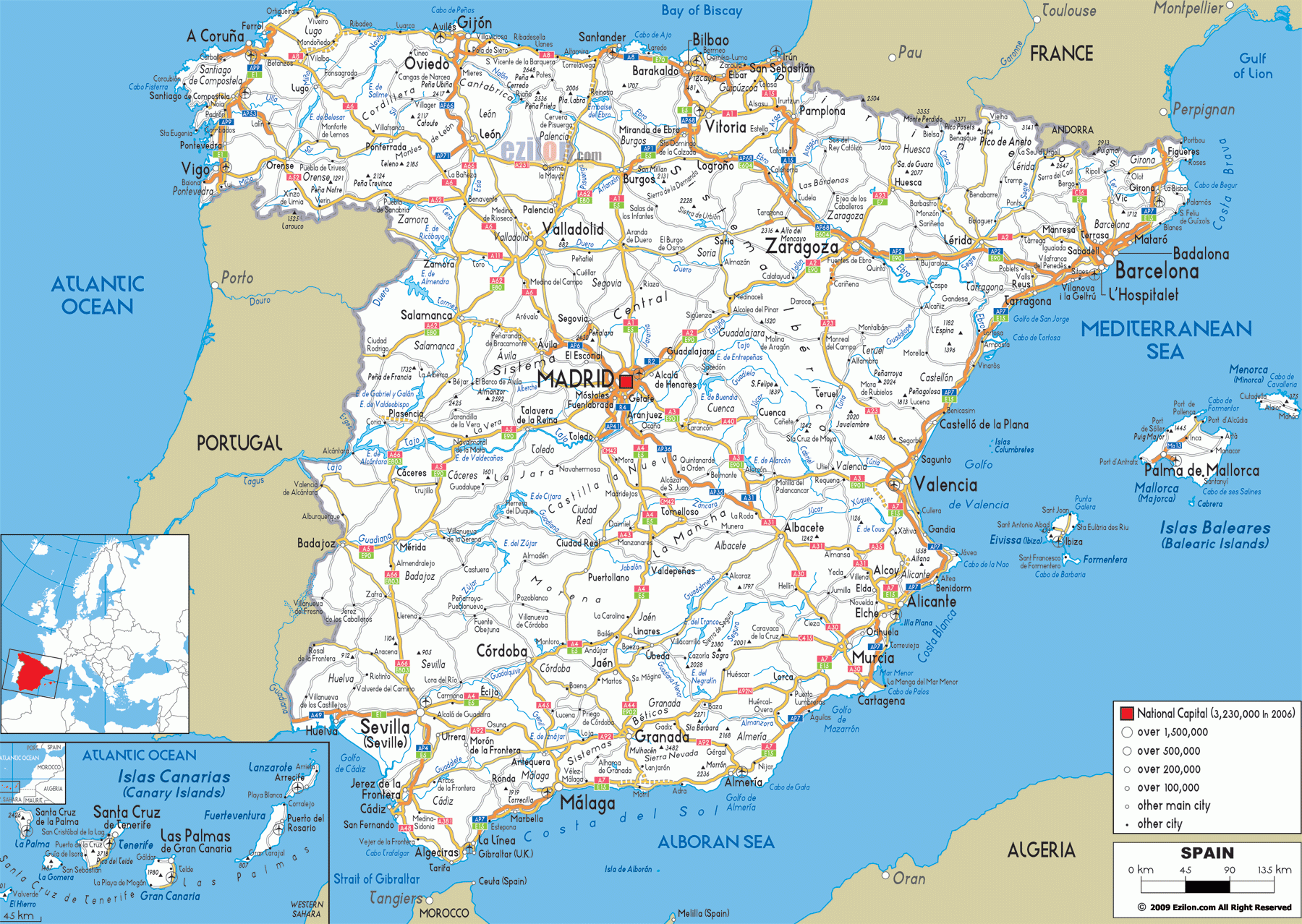 Detailed Clear Large Road Map Of Spain - Ezilon Maps with regard to Printable Map Of Spain And Portugal With Major Cities