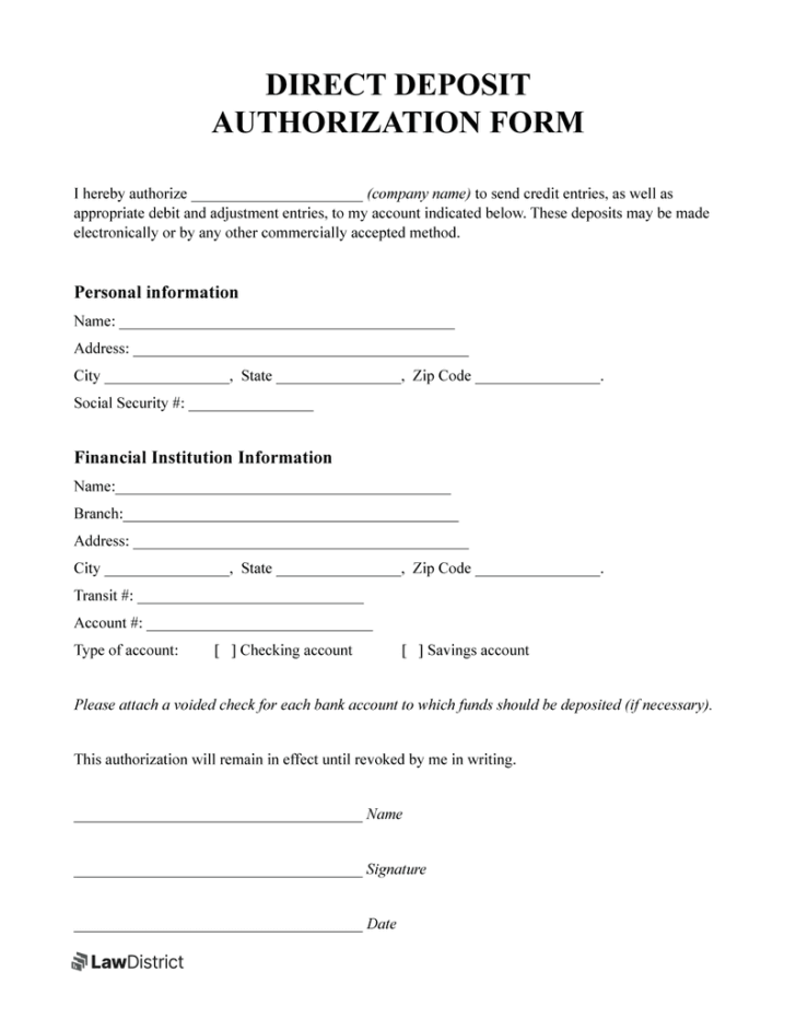 Printable Direct Deposit Form