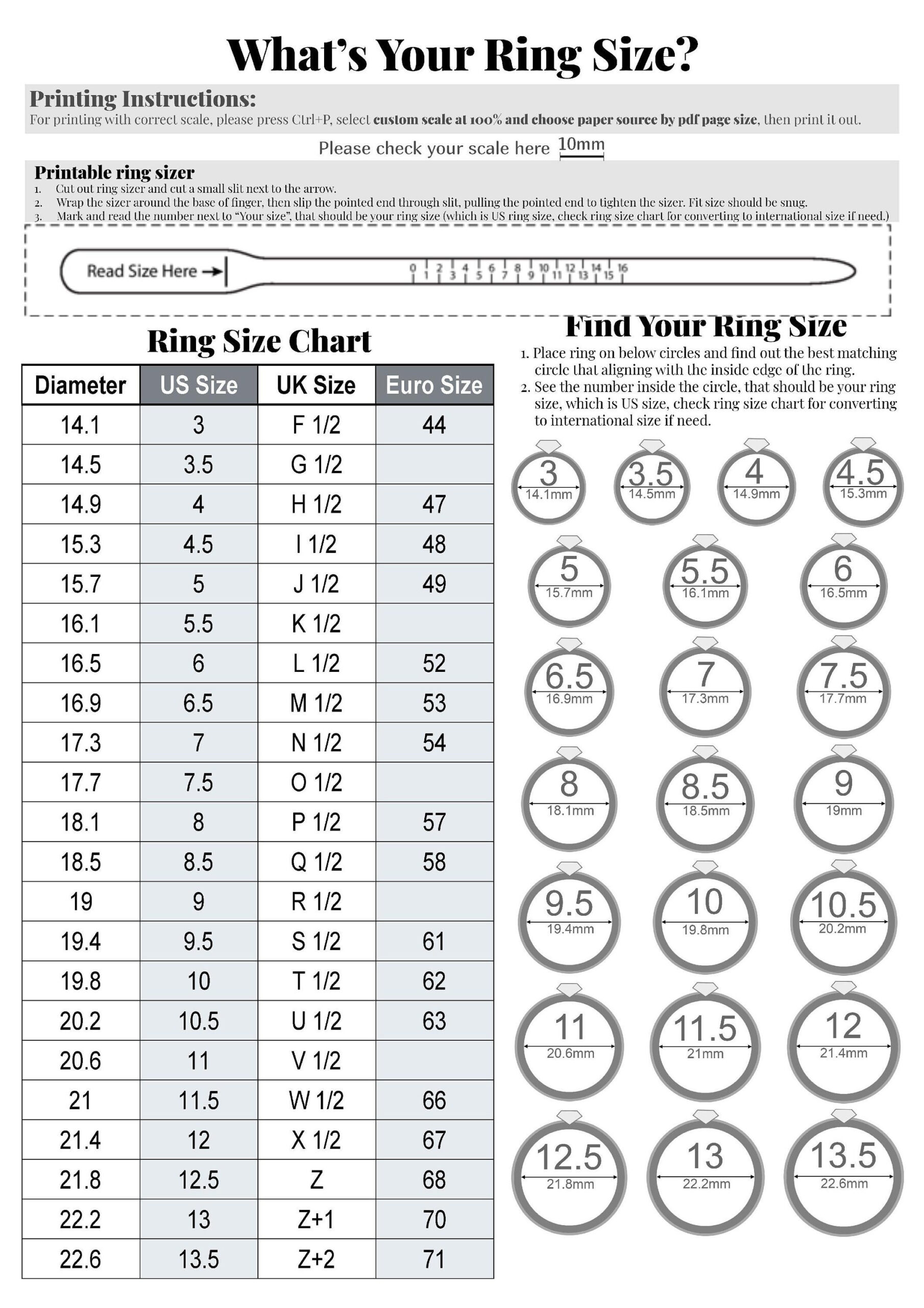 Druckbares Diamant Ringmaß Ringgrößenmesser Ringgröße Messen in Ring Size Chart Printable Ring Sizer