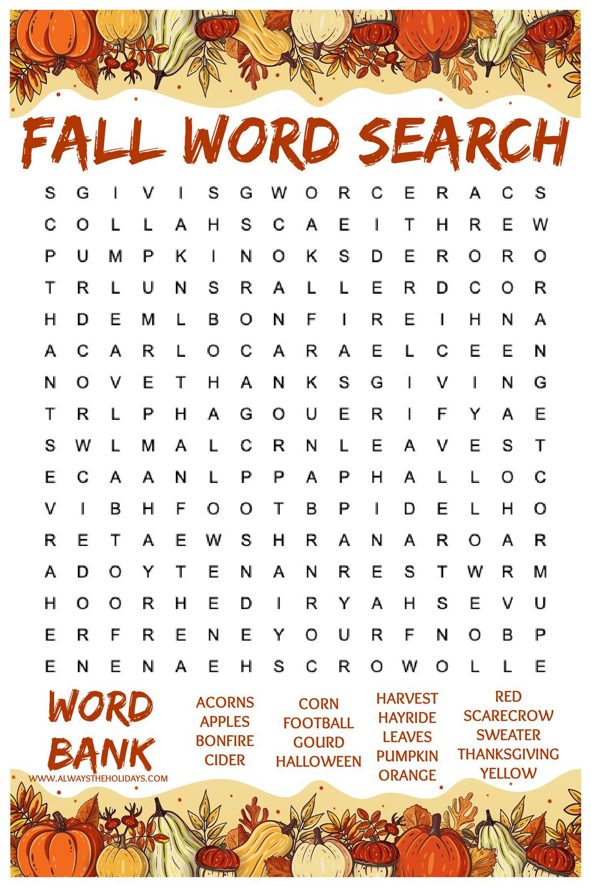 Easy Fall Word Search Printable - Free Word Find With Answers in Free Printable Puzzle Cards For Adults