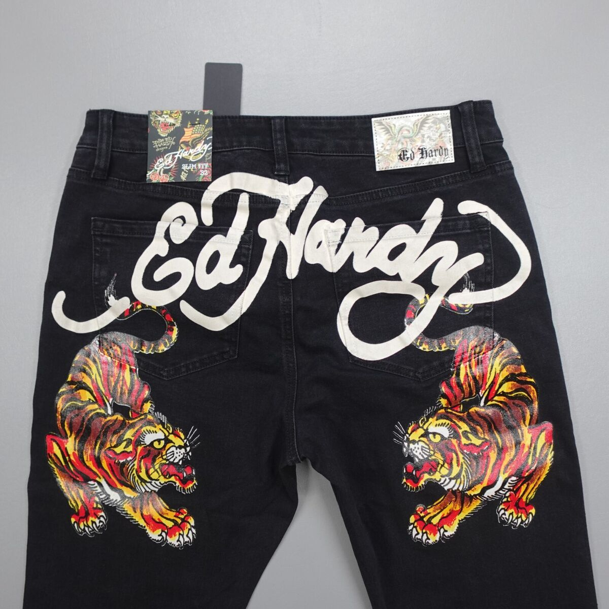 Ed Hardy Slim Jeans Denim 5 Pocket Tiger Graphic Print Black intended for Printable Ed Hardy Fonts