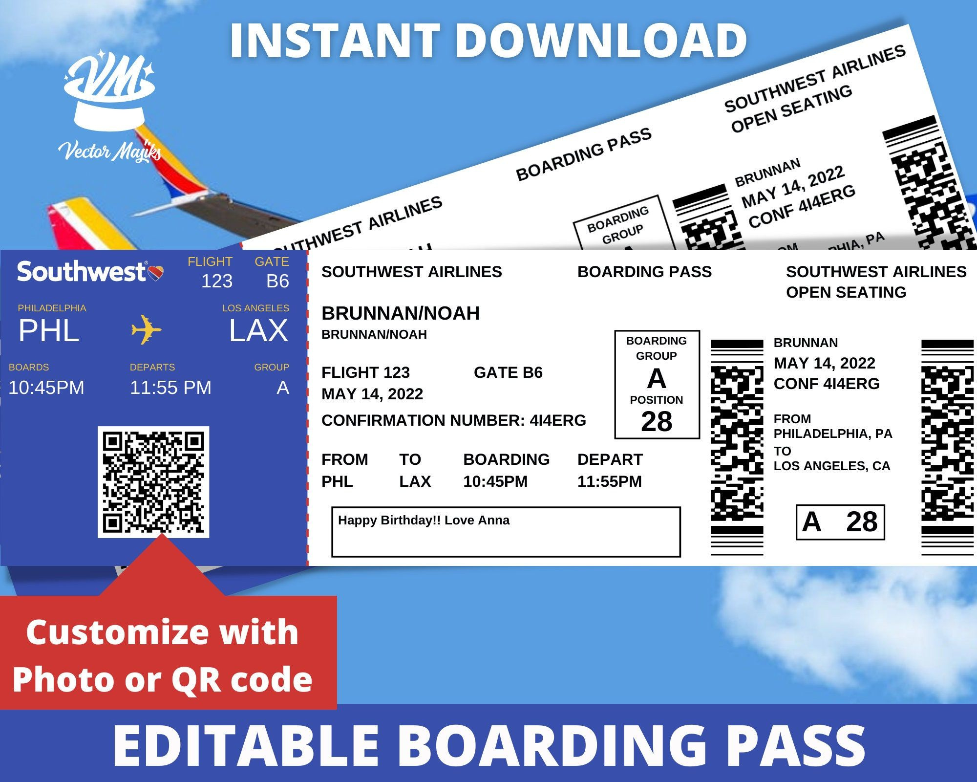 Editable Boarding Pass Ticket Template, Surprise Airline Gift pertaining to Southwest Airlines Boarding Passes Printable