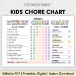 Editable Chore Chart For Kids Printable Kids Daily Weekly Throughout Children&#039;s Chore List Printable