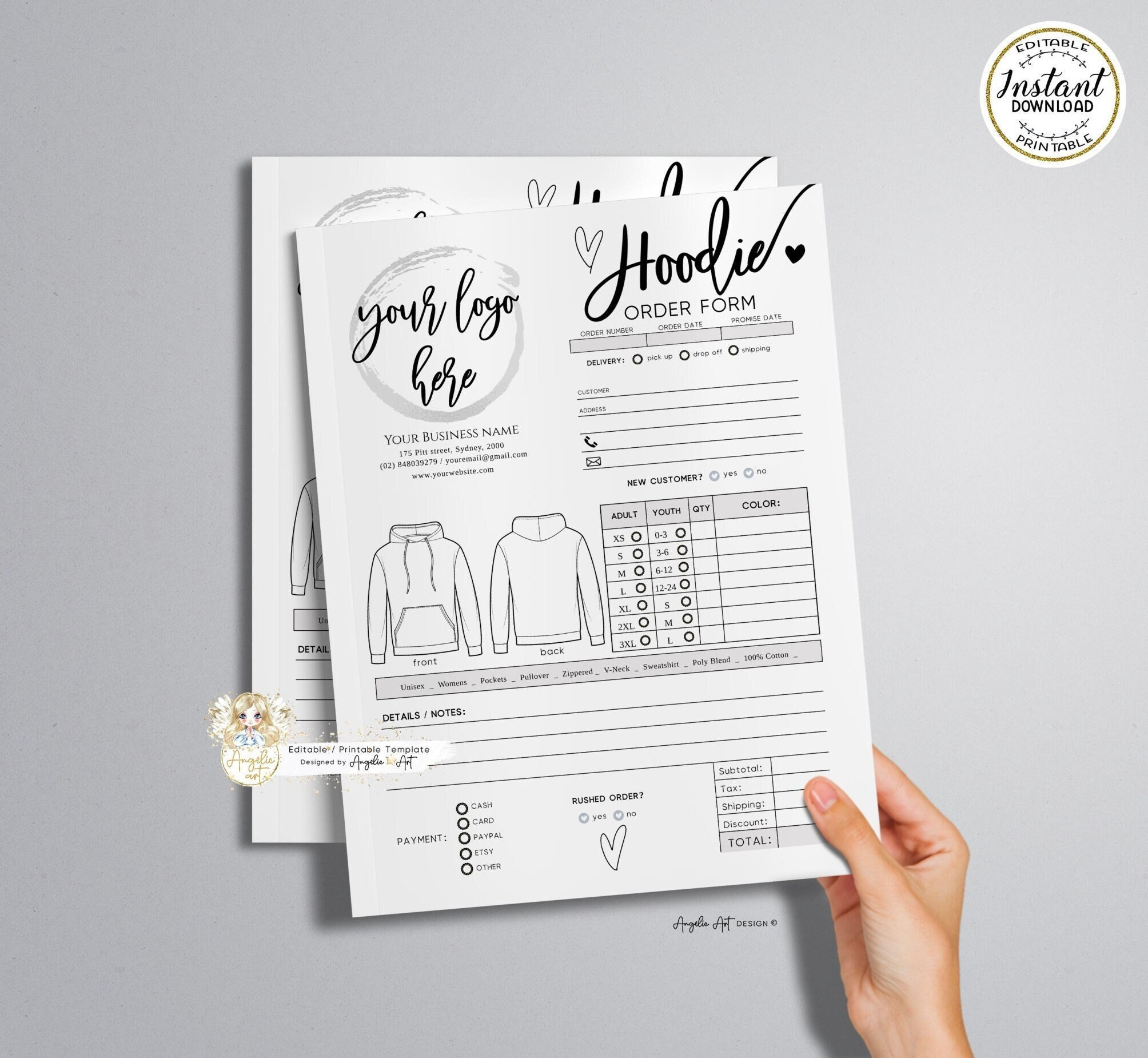 Editable Hoodie Order Form Template, Simple Modern Printable Order for Custom Hoodoe Sweatshirt Order Form Template Free Printable