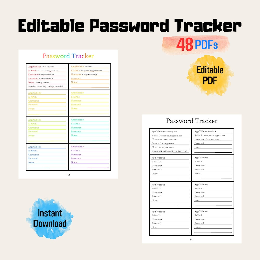 Editable Password Tracker Printable Rainbow Color Password Book with regard to Printable Password Log App