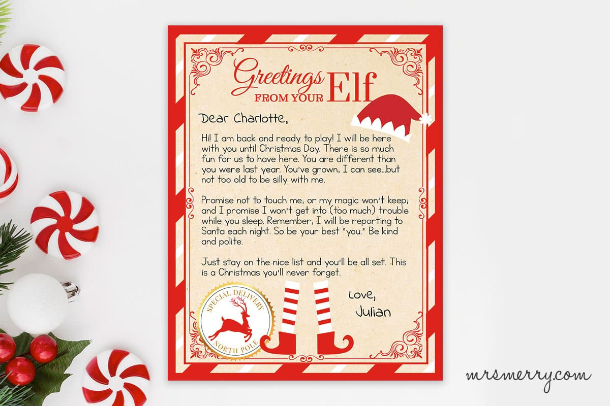 Elf On The Shelf Arrival Letter Personalized Printable | Mrs. Merry intended for Free Printable Elf On The Shelf Arrival Letter