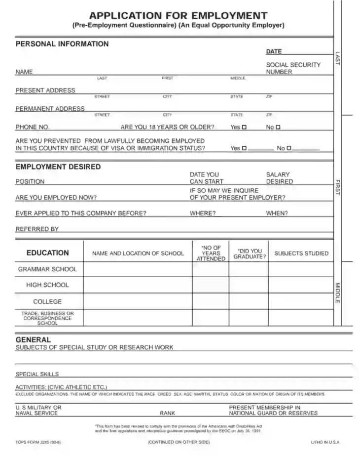 Printable Application For Employment