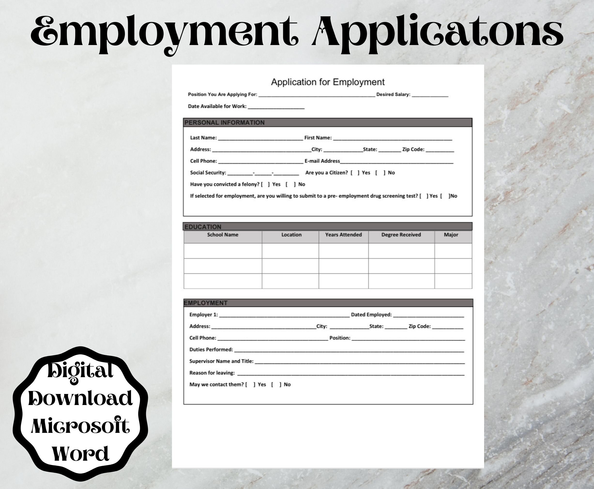 Employment Application Form Template (Word Printable&amp;amp; Editable) for Printable Job Application Form