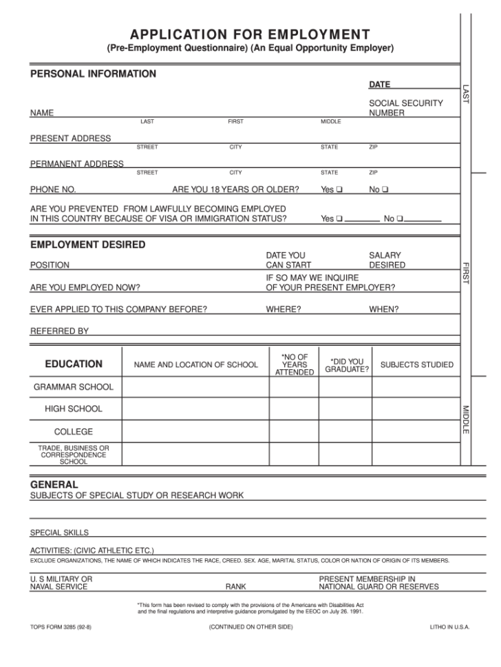 Employment Application Form Free Printable