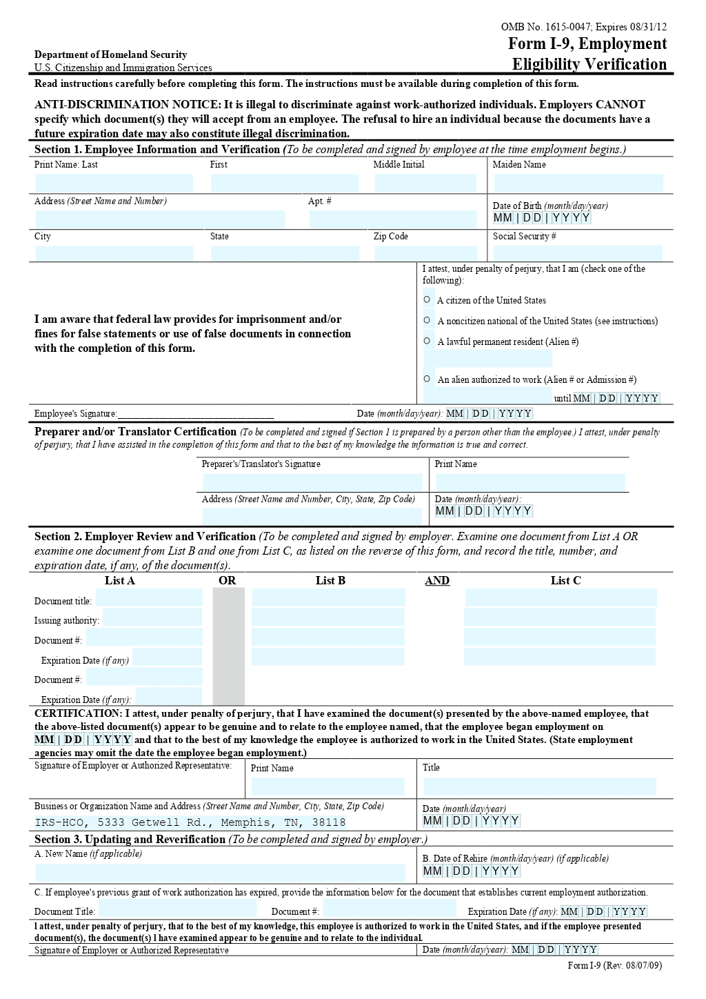 Employment Eligibility Verification Form (I-9) Template | Onlyoffice throughout Printable Form I 9 Employment Eligibility Verification