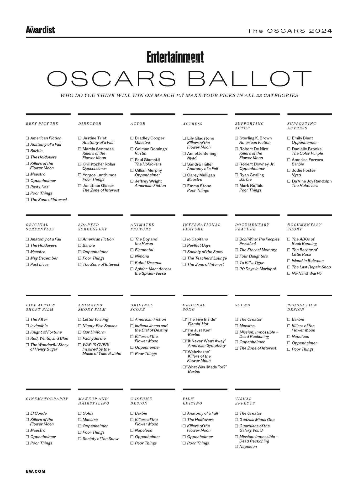 Ew&amp;#039;S Printable Oscars Ballot Is Here: Cast Your Vote Now within Oscar Ballot 2024 Printable