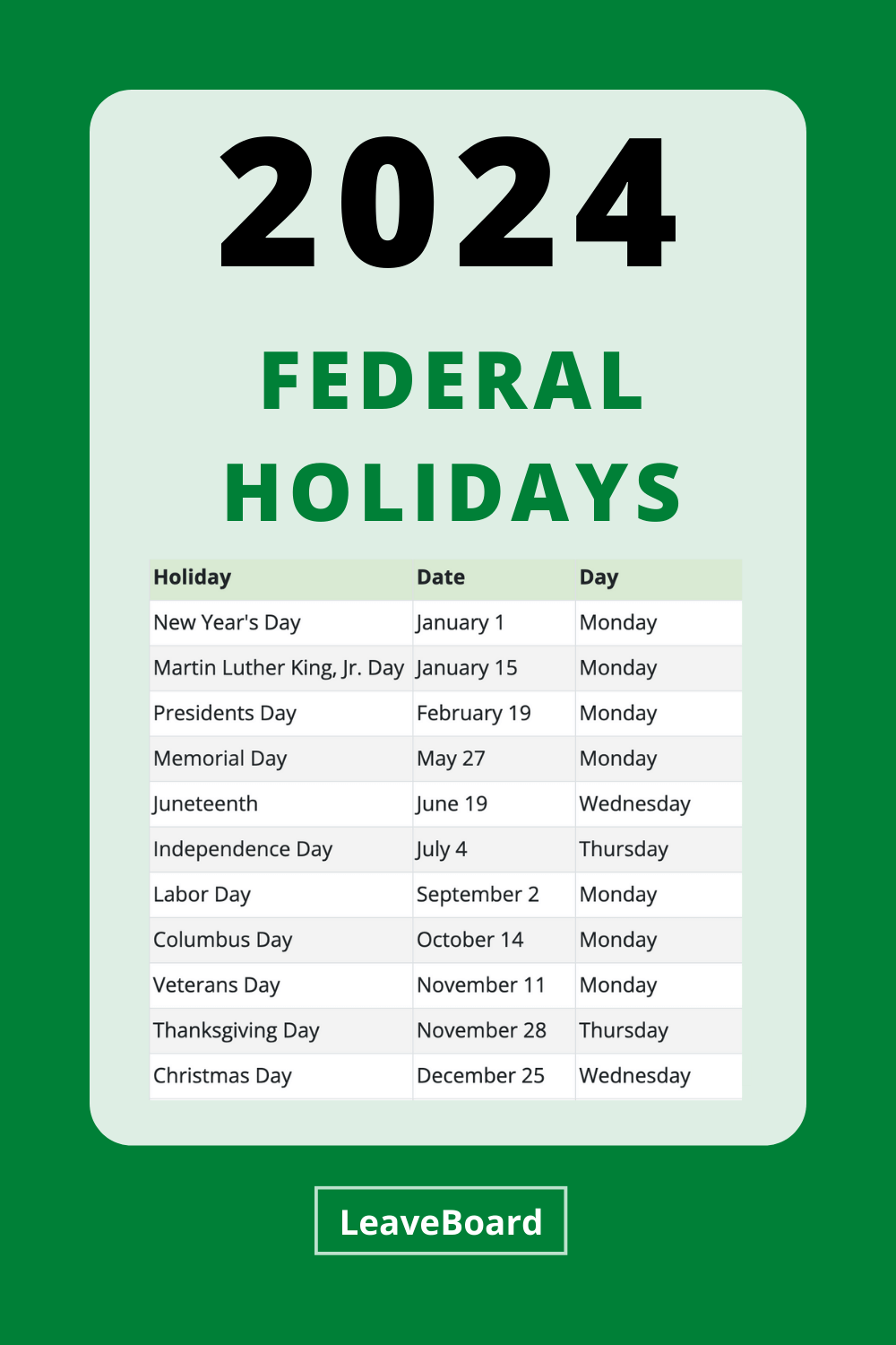 Federal Holidays 2024 | Leave Board throughout 2024 Federal Holidays Printable