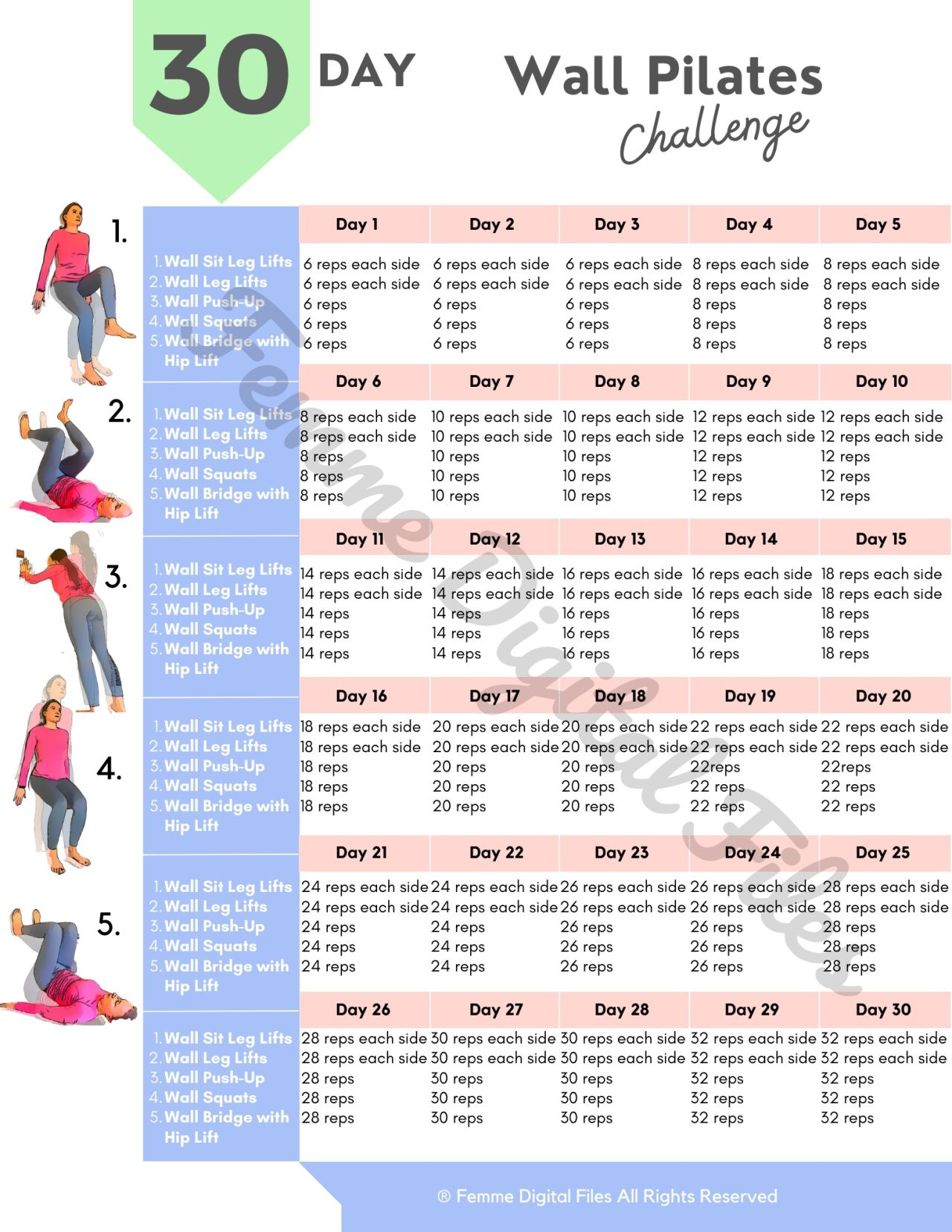 Femme Digital Files - 30-Day Wall Pilates Workout Challenge in Printable Wall Pilates Chart