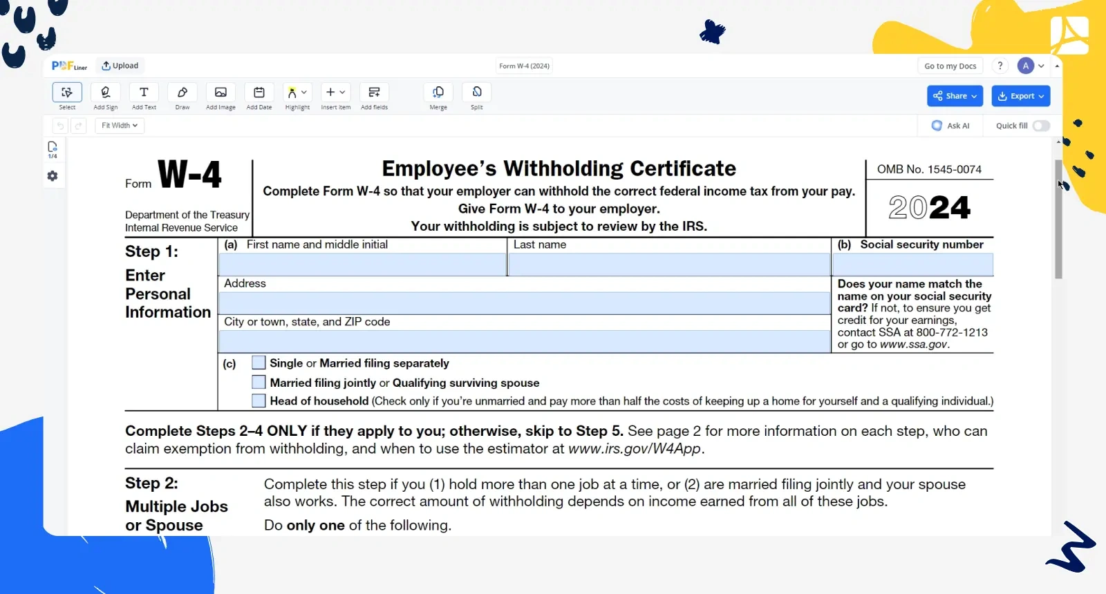 Fill Form W-4 2024 Online : Simplify Tax Withholding | Pdfliner in Printable W 4 Form