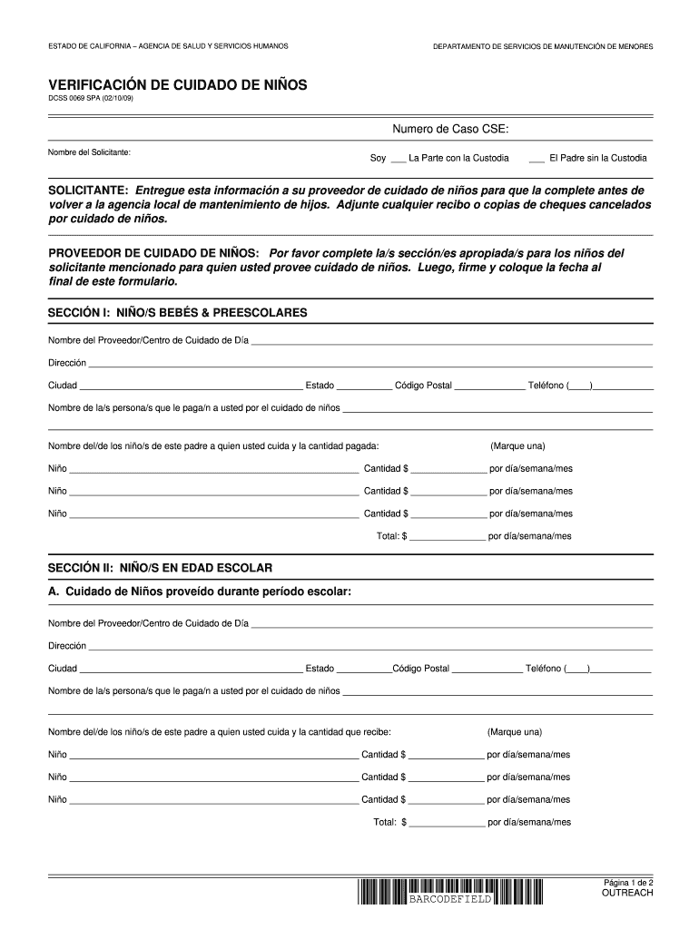 Fillable Online Dcss-0069Spa. Child Care Verification Fax Email regarding Child Care Verification Form California 0069 Printable Form