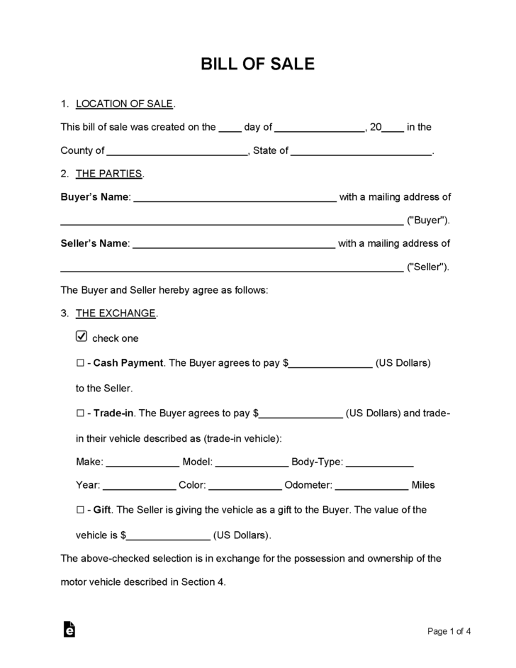 Automotive Bill of Sale Printable