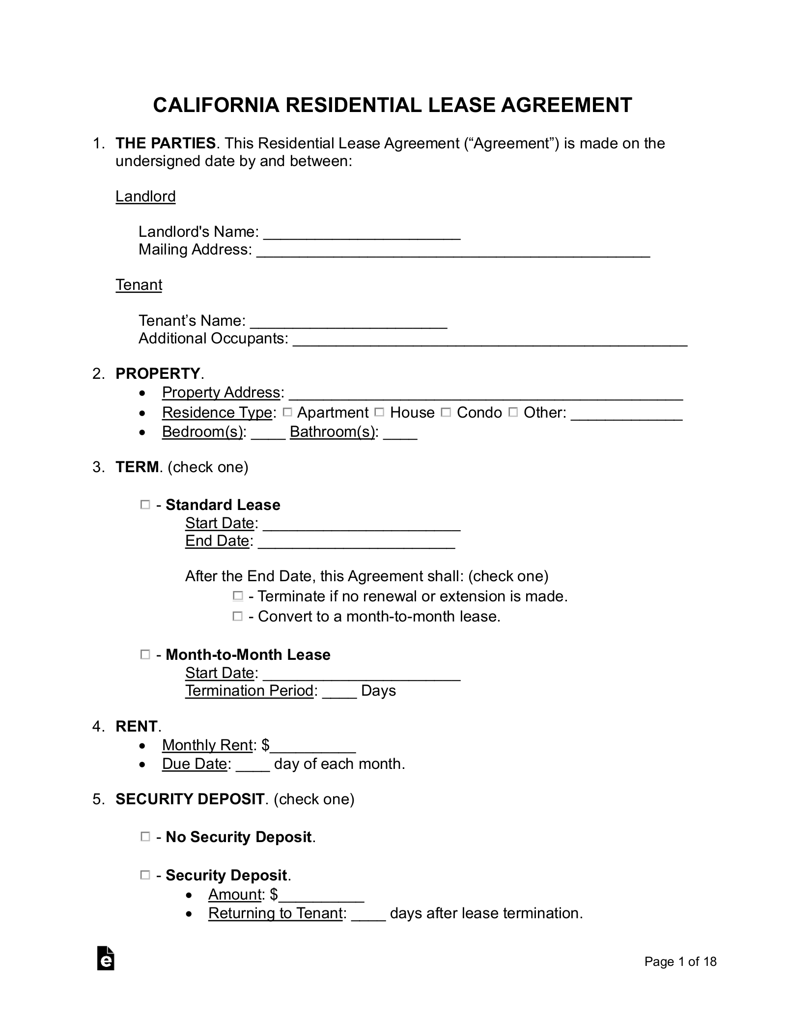 Free California Lease Agreement Templates (6) - Pdf | Word – Eforms intended for Free Printable Rental Contract