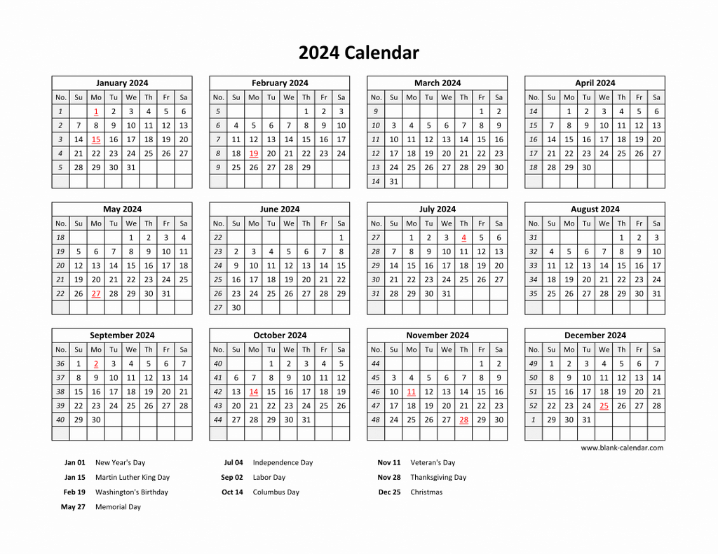 Free Download Printable Calendar 2024 With Us Federal Holidays with 2024 Calendars Printable Free