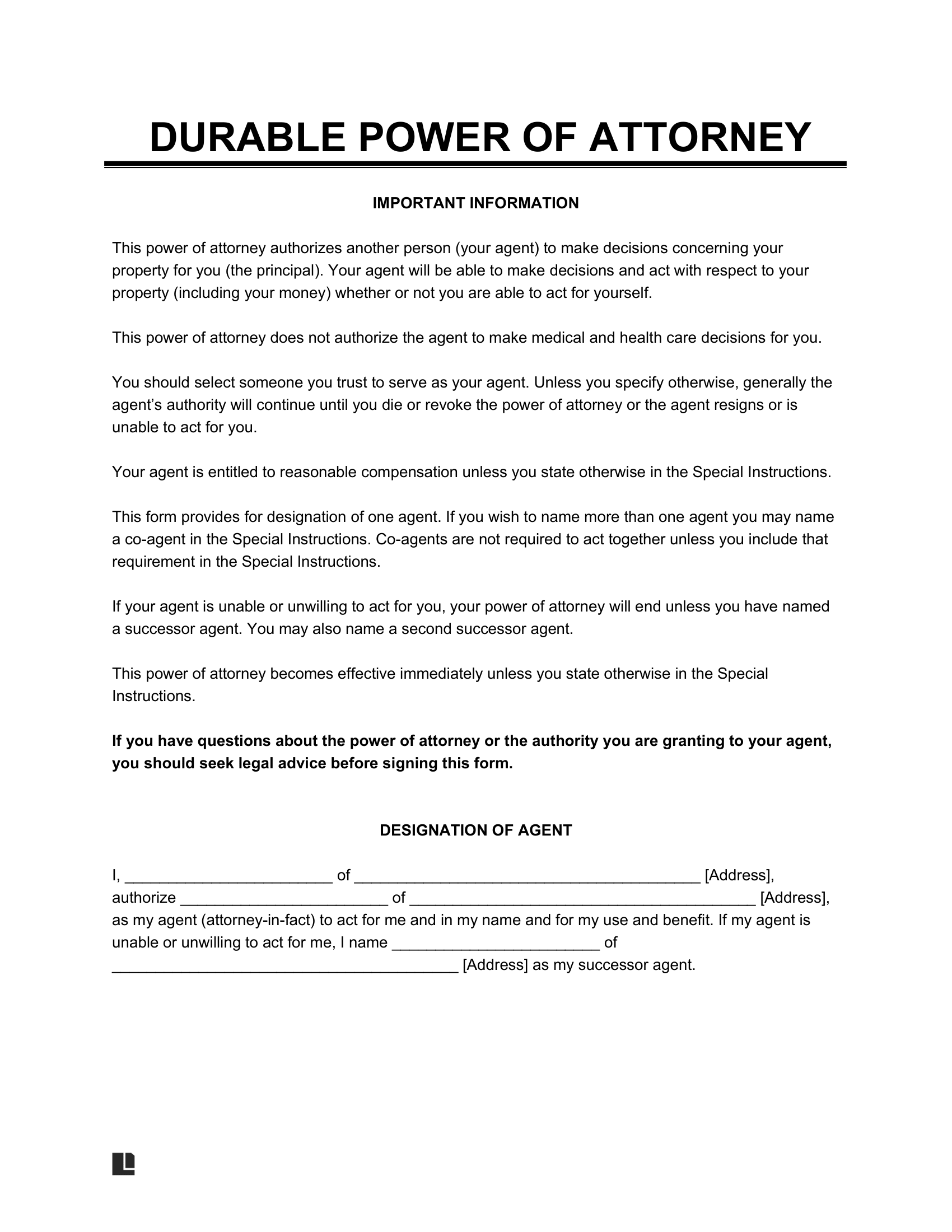 Free Durable (Financial) Power Of Attorney Form - Pdf &amp;amp; Word for Printable Power of Attorney Form