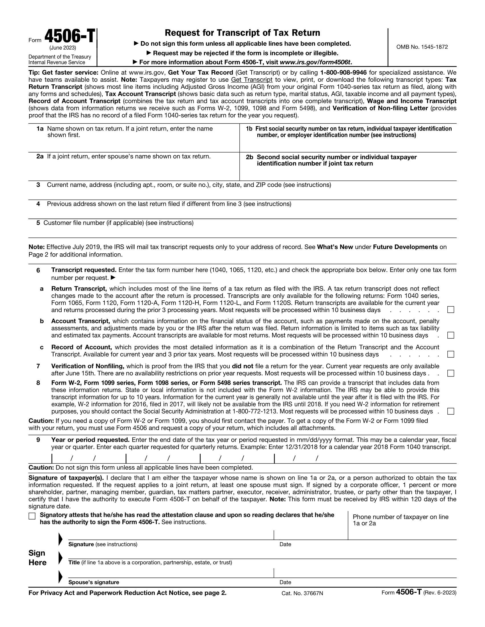 Free Irs Form 4506-T | Request For Transcript Of Tax Return | Pdf within Free Printable Tax Transcript