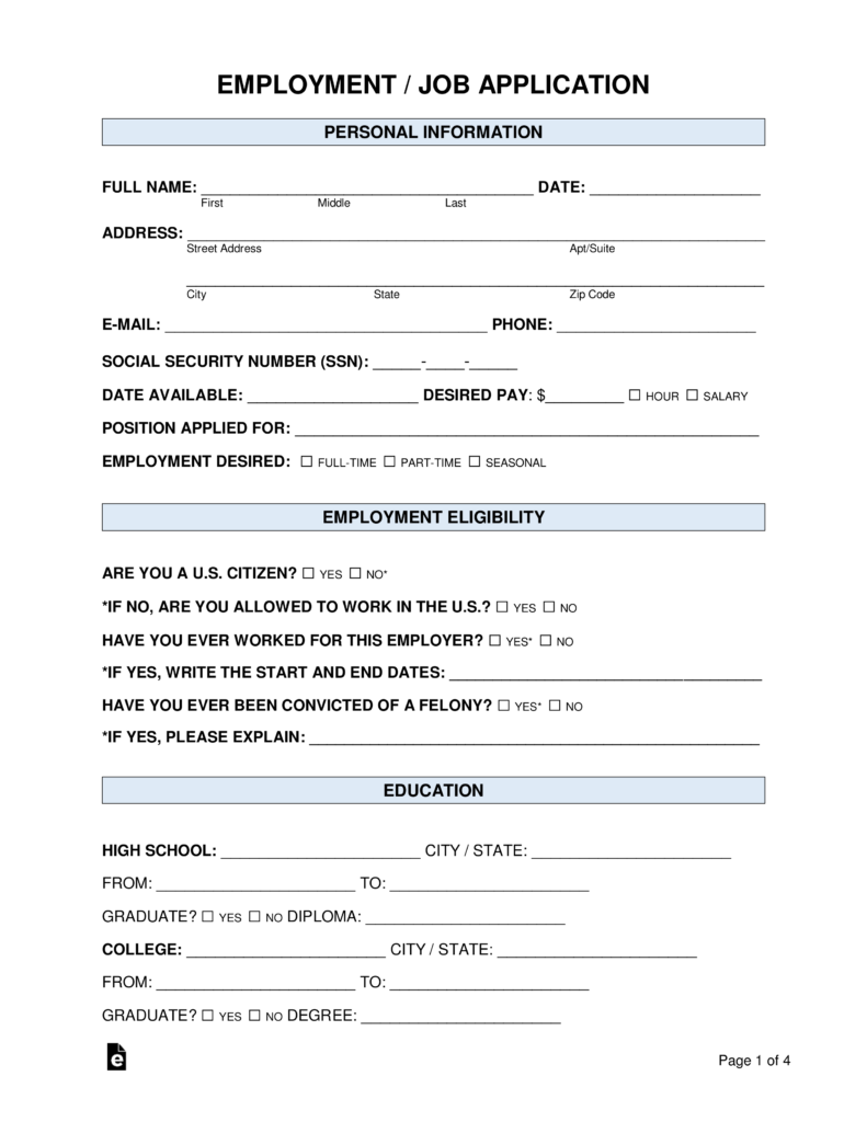 Free Job Application Form (Standard Template) - Pdf | Word – Eforms for Employment Application Form Free Printable