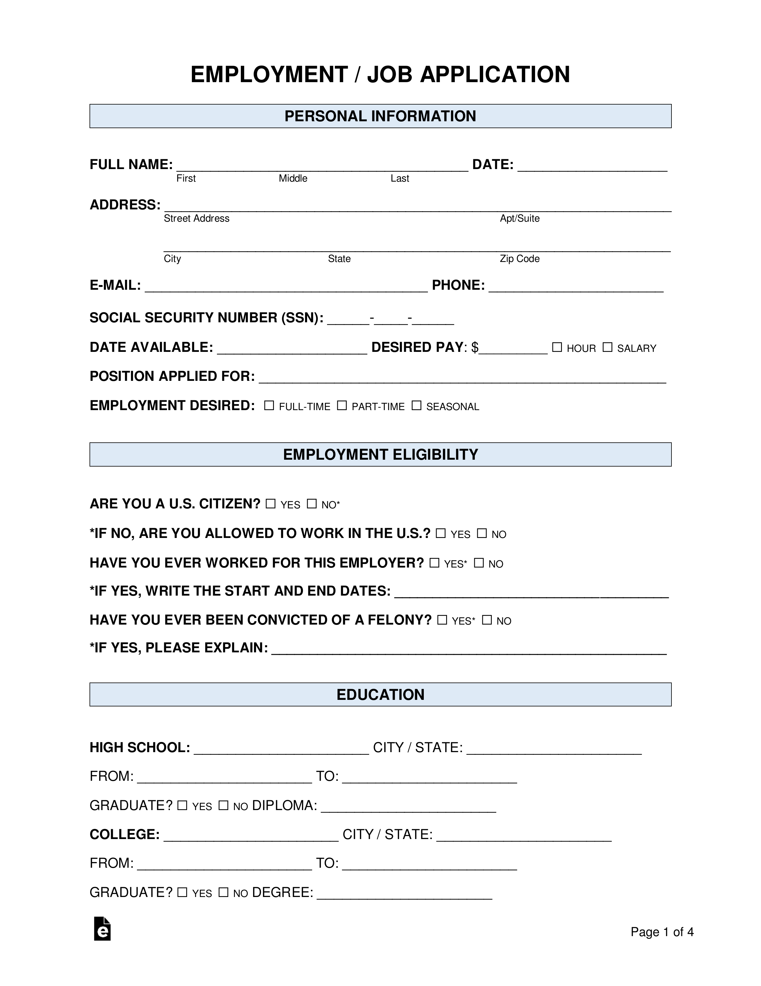 Free Job Application Form (Standard Template) - Pdf | Word – Eforms inside Printable Employment Application Form