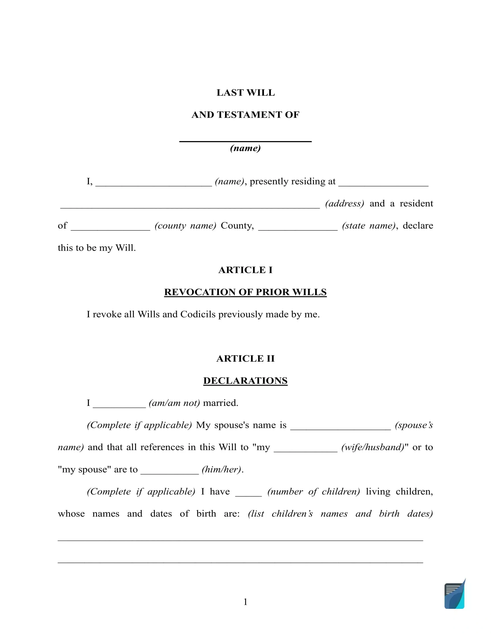 Free Last Will And Testament Template ⇒ Will Forms In Pdf And Doc in Printable Will Forms Free