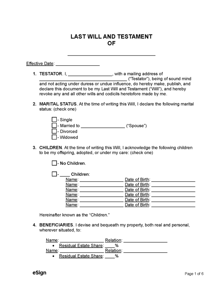 Free Printable Will And Testament