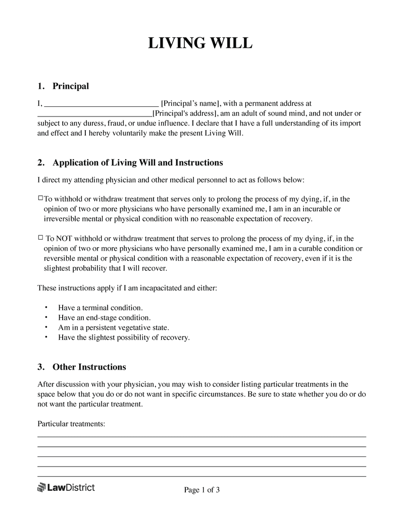 Free Living Will Template With Sample | Pdf &amp;amp; Word | Lawdistrict with regard to Printable Living Will Form