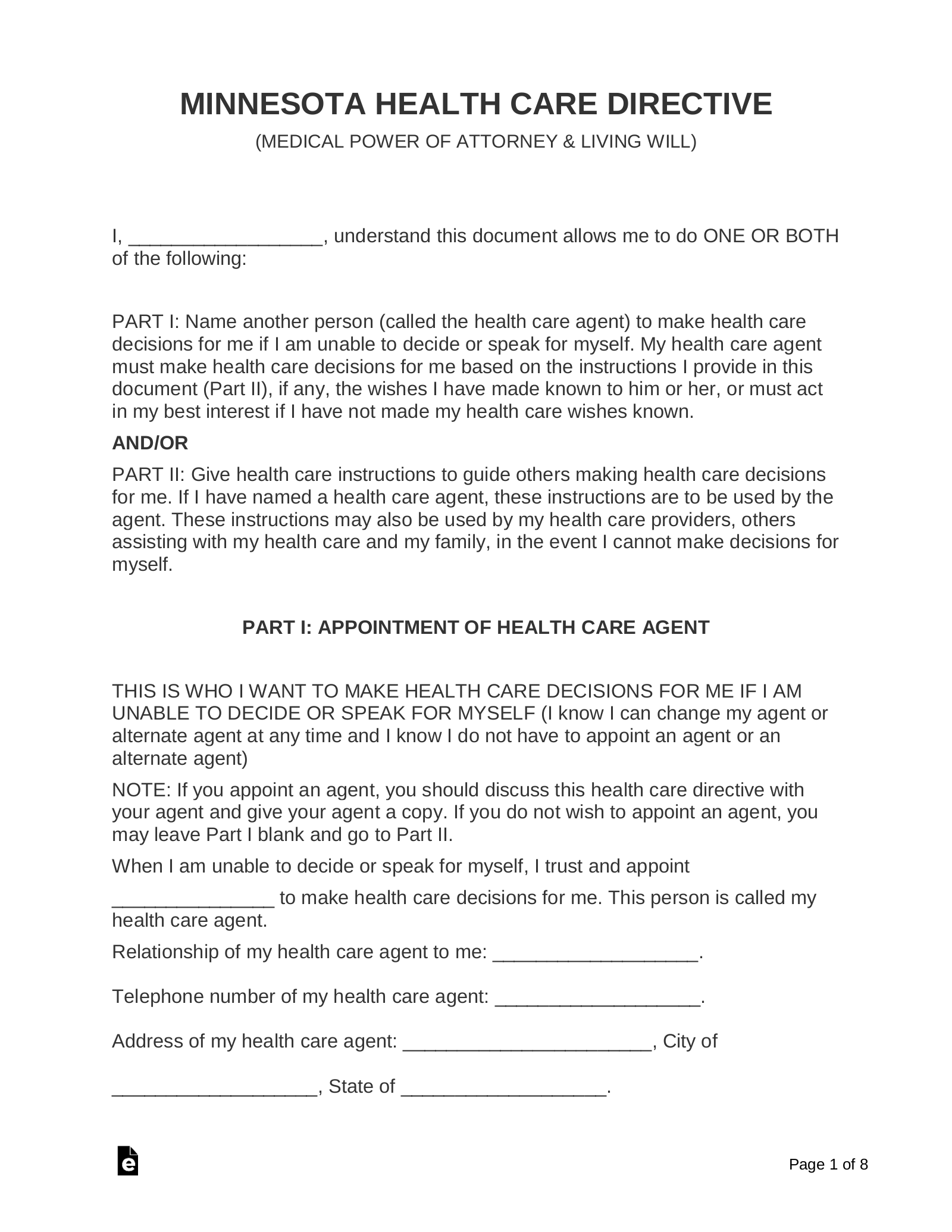 Free Minnesota Advance Directive Form Template - Pdf | Word – Eforms with regard to Printable Medical Power Of Attorney Form Minnesota