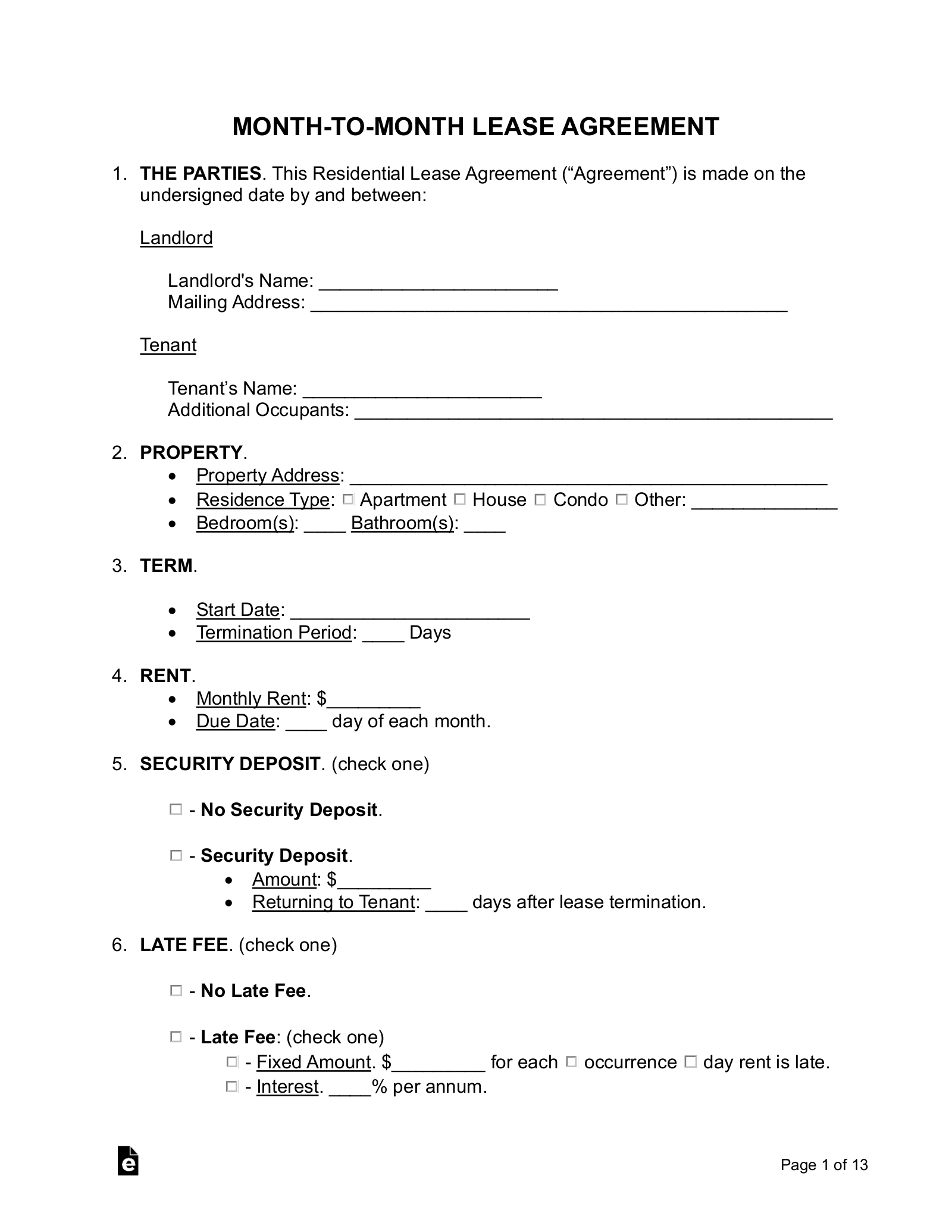 Free Month-To-Month Lease Agreement Template - Pdf | Word – Eforms in Free Printable Tenant Lease