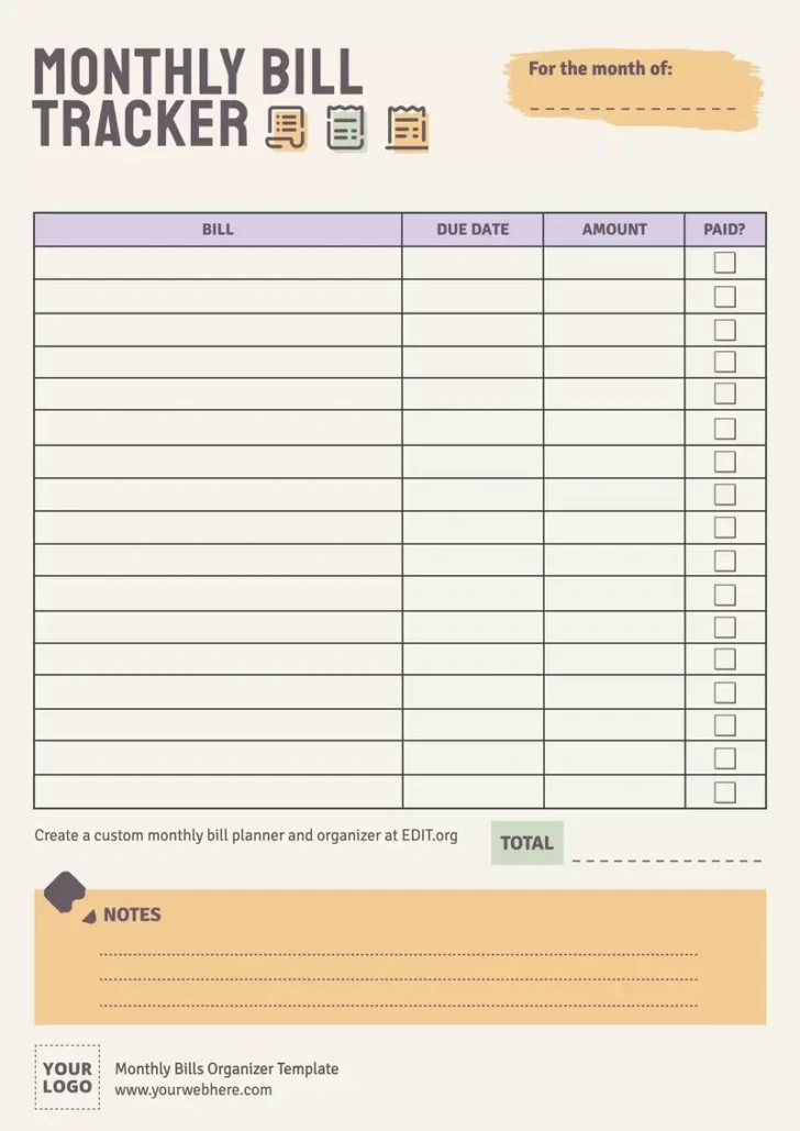 Free Printable Monthly Bill Payment Log