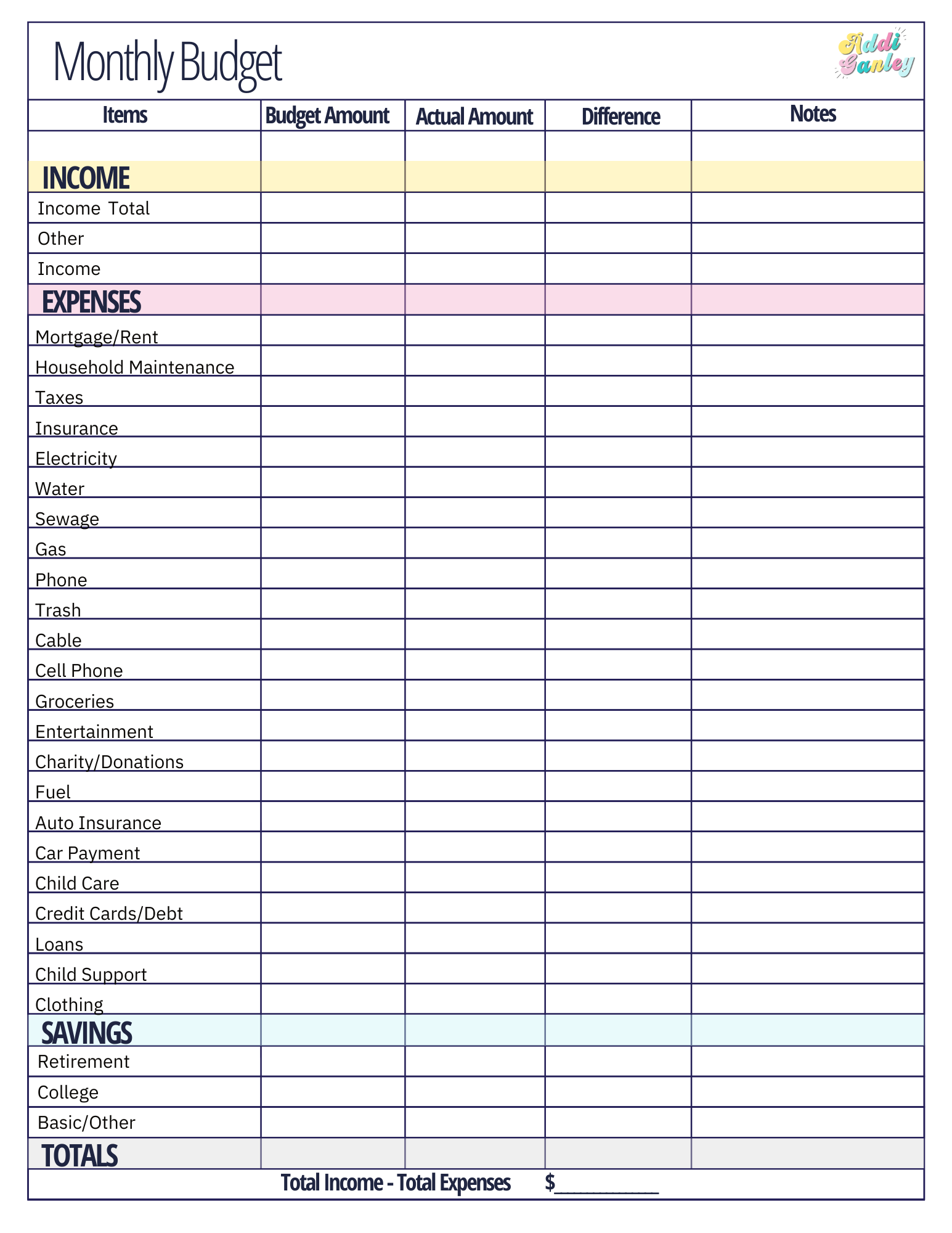 Free Monthly Budget Template - Instant Download in Monthly Budget Sheet Printable