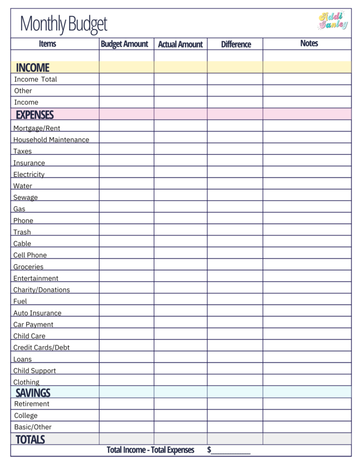 Printable Monthly Budget Template