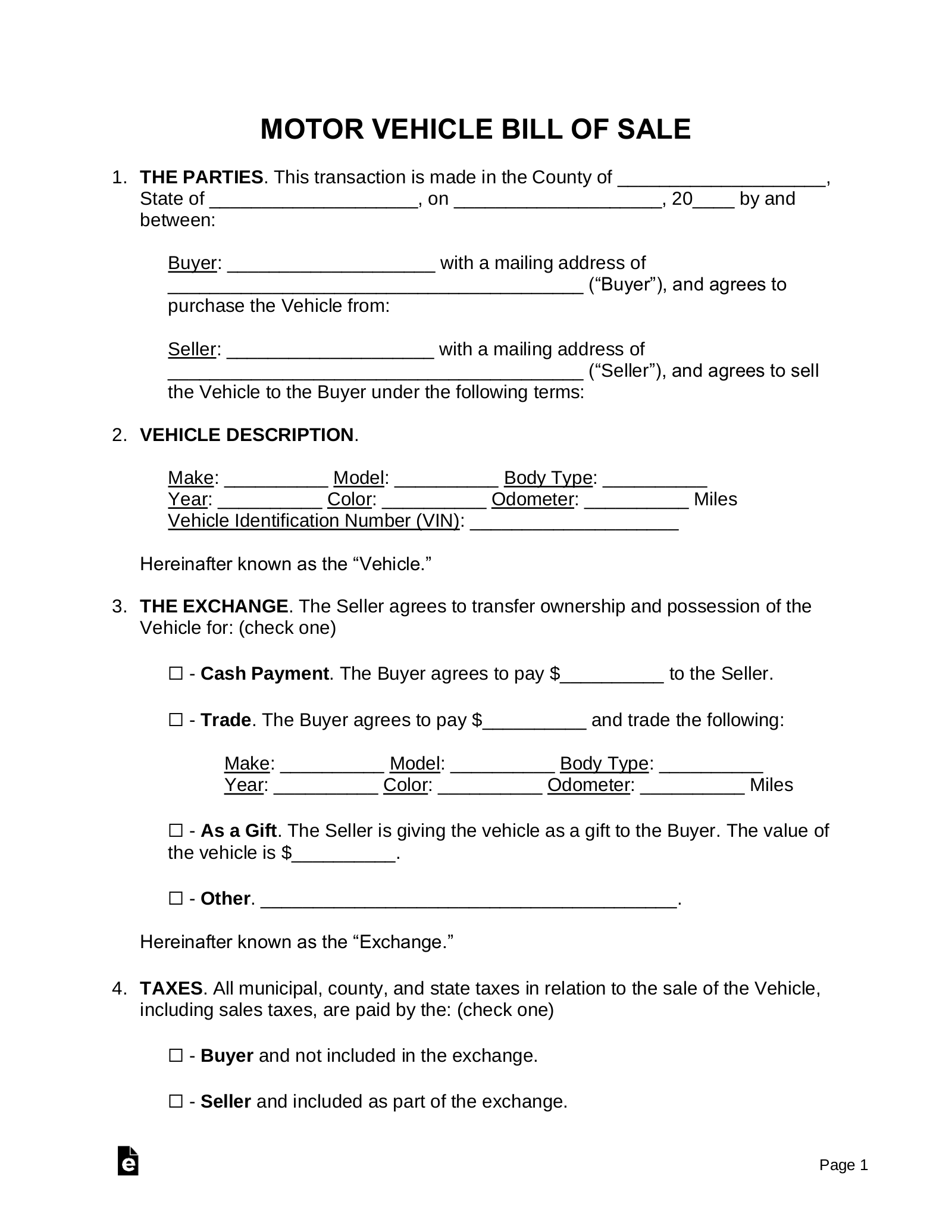 Free Motor Vehicle (Dmv) Bill Of Sale Form - Pdf | Word – Eforms for Automobile Printable Bill Of Sale