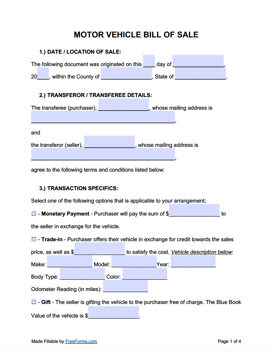 Free Motor Vehicle (Dmv) Bill Of Sale Form | Pdf | Word for Free Auto Bill Of Sale Printable