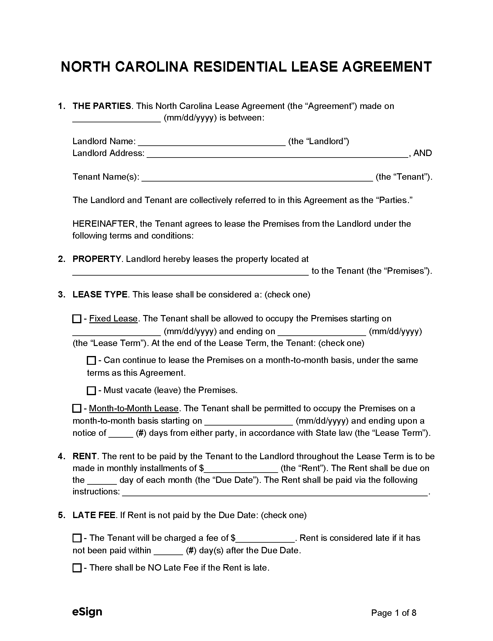 Free North Carolina Rental Lease Agreement Templates (6) | Pdf | Word throughout Printable Lease Agreement Form