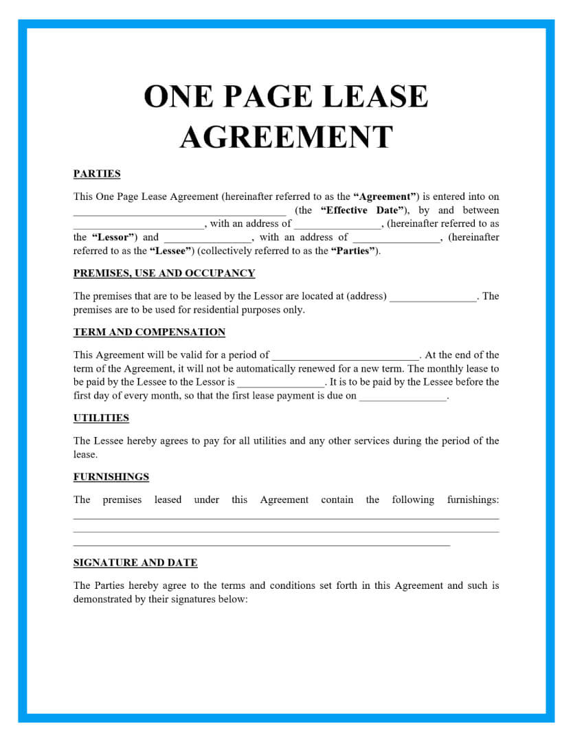 Free One Page Lease Agreement Templates inside Free Rental Agreements Printable