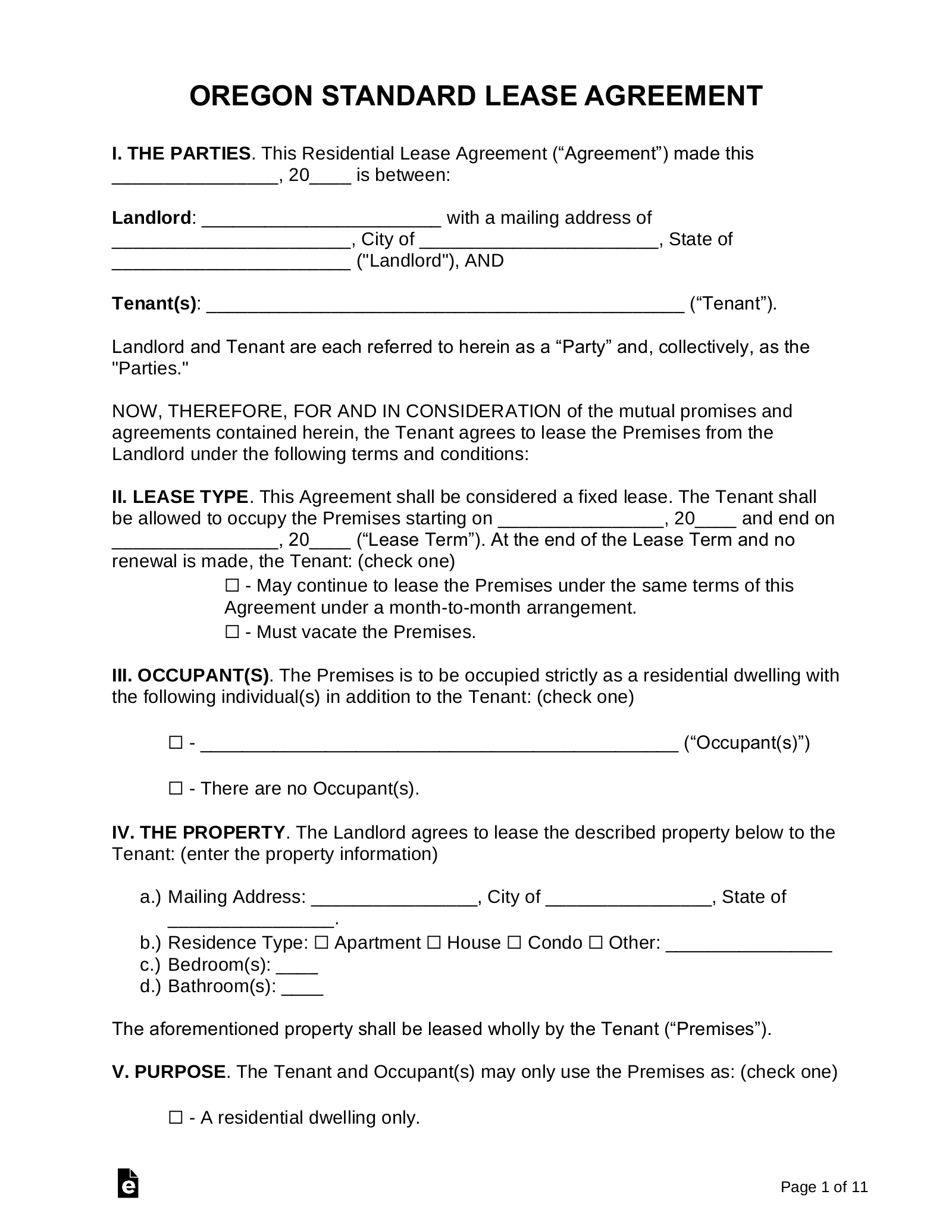 Free Oregon Standard Residential Lease Agreement - Pdf | Word – Eforms within Printable Residential Lease Agreement