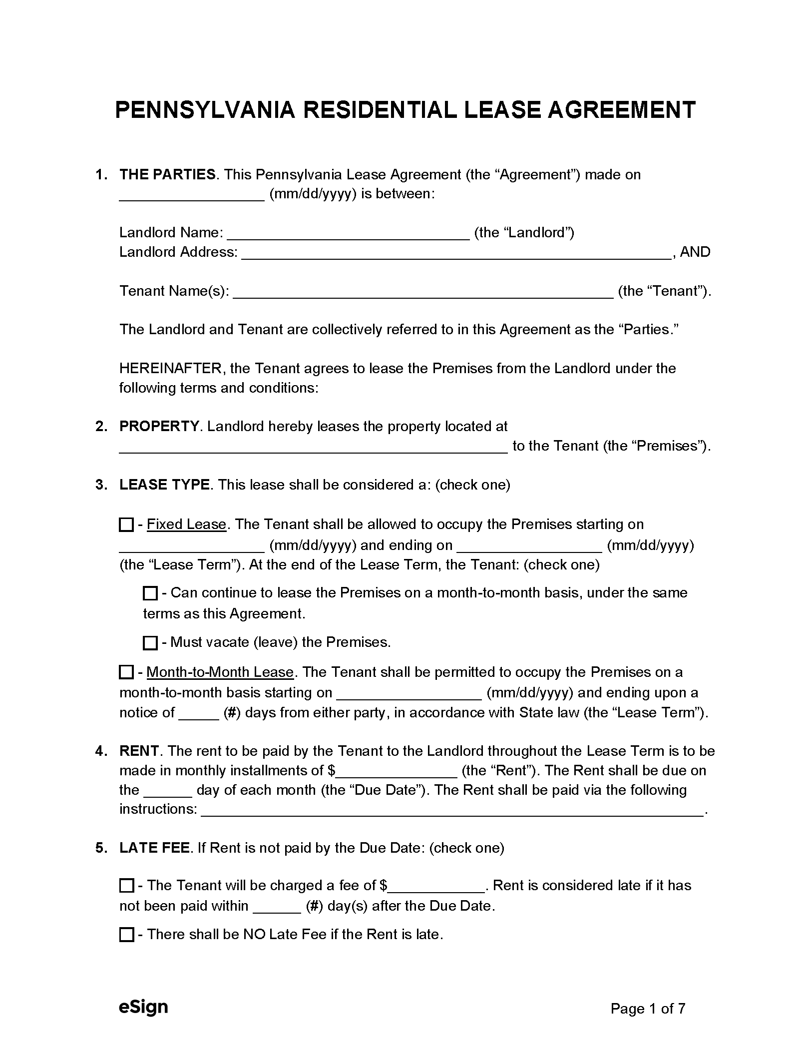 Free Pennsylvania Rental Lease Agreement Templates (6) | Pdf | Word with Printable Lease Agreement Template