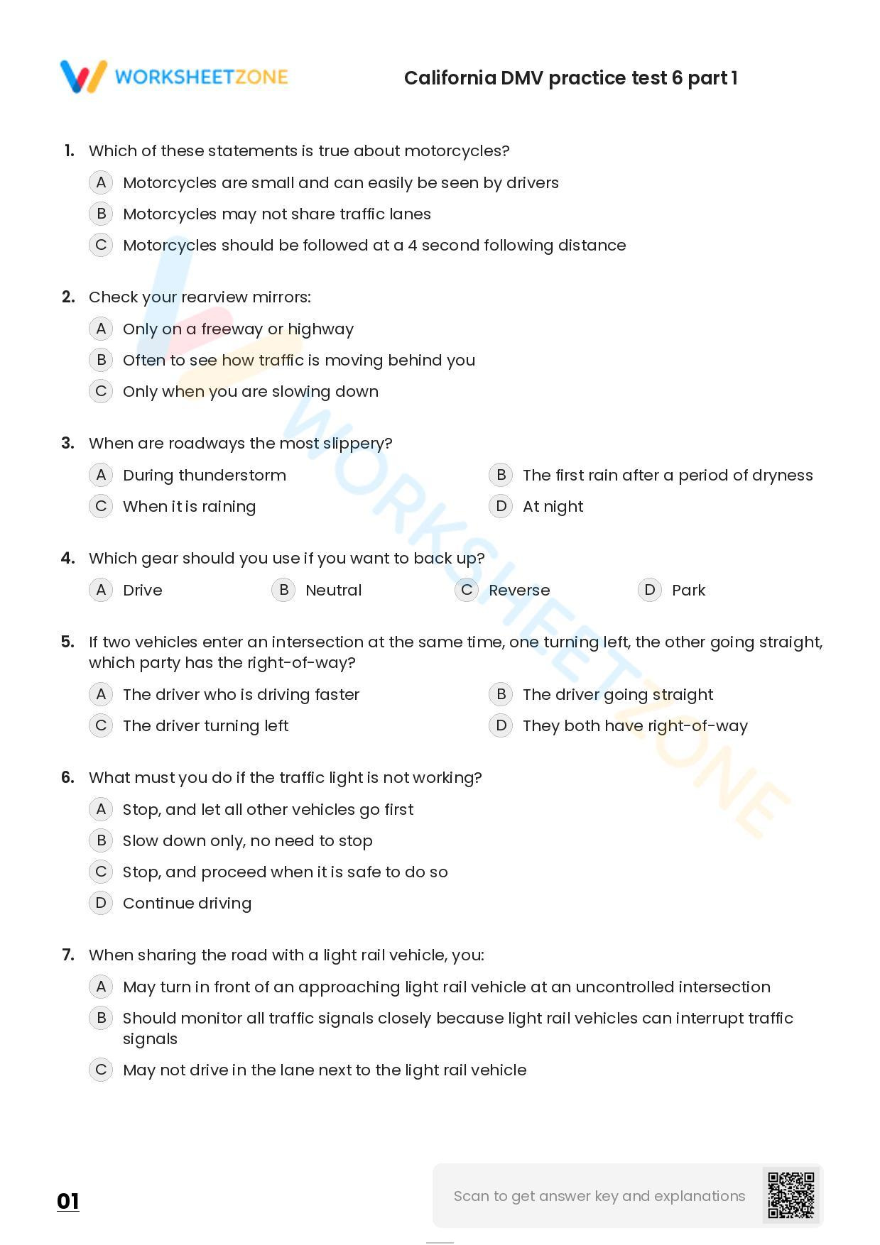 Free Printable California Dmv Practice Test 6 Part 1 Worksheet inside Printable Dmv Practice Test With Answers