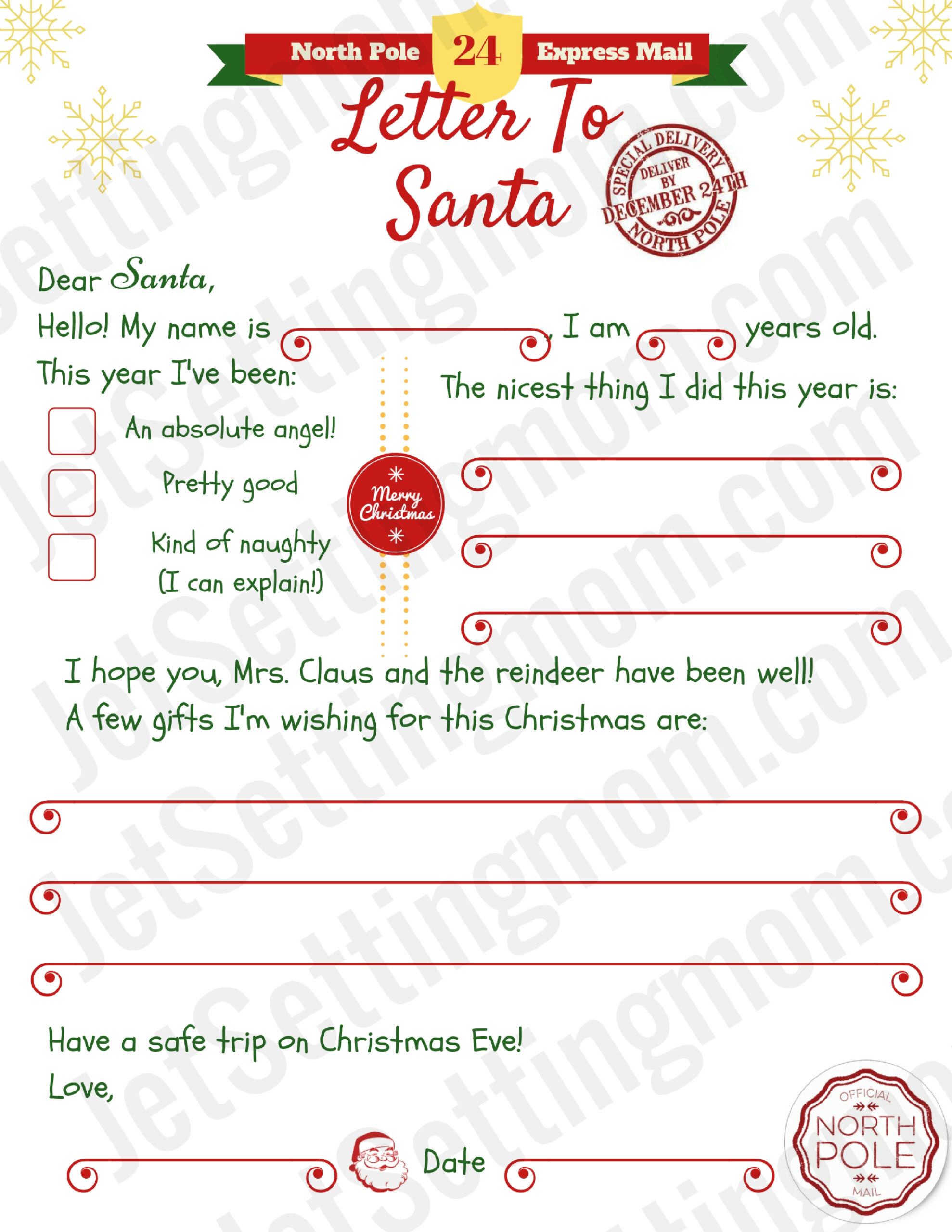 Free Printable Letter To Santa Template - Writing To Santa Made Easy! for Printable Template Santa Letter