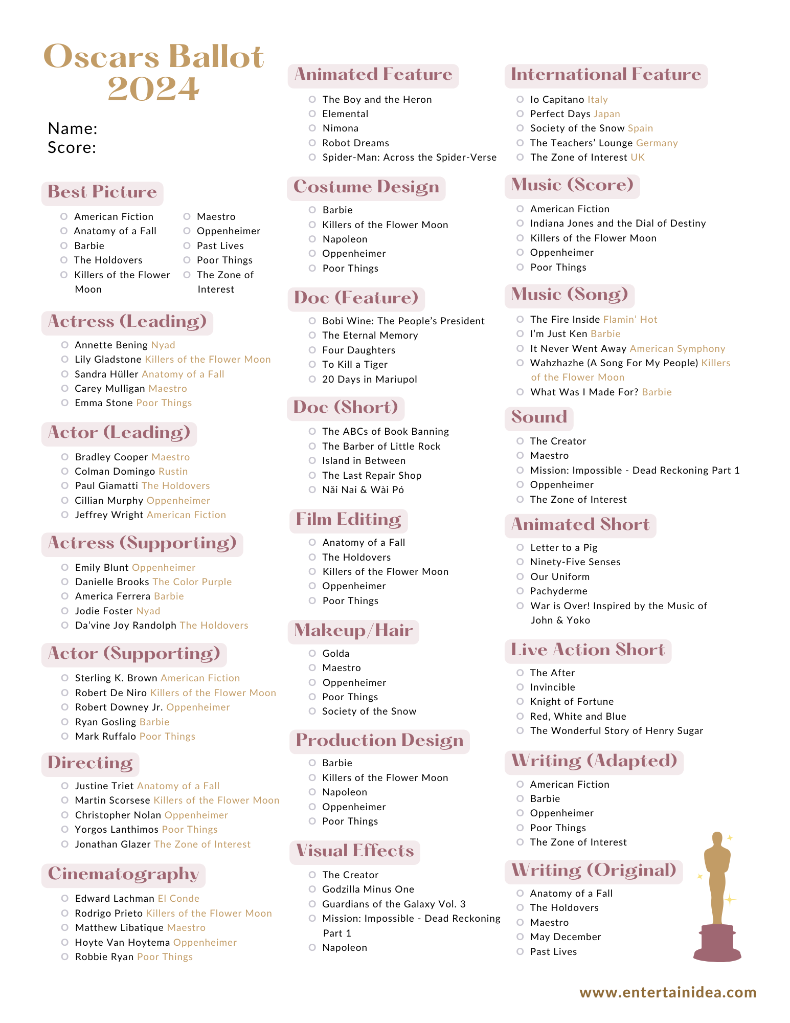 Free Printable Oscars Ballot 2024 — Entertain The Idea regarding Oscar Ballot 2024 Printable