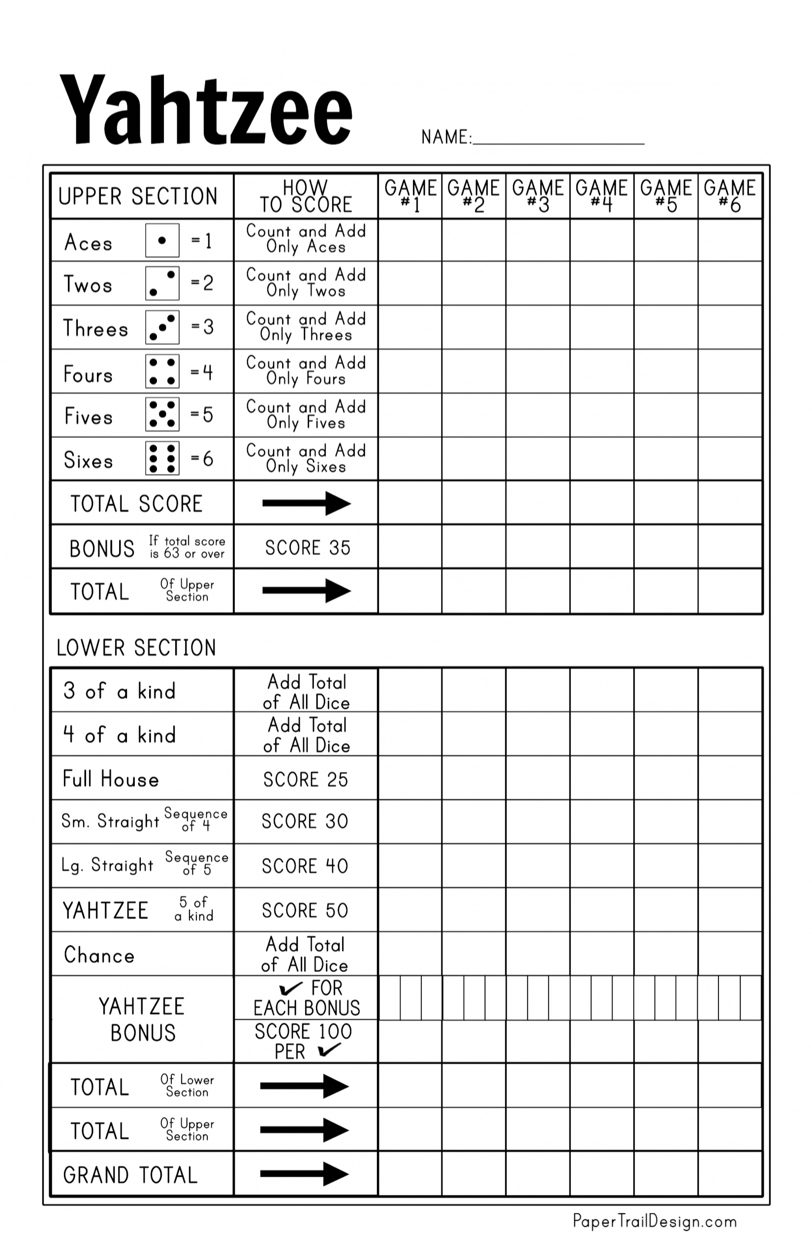 Free Printable Yahtzee Score Card - Paper Trail Design intended for Yahtzee Score Card Printable