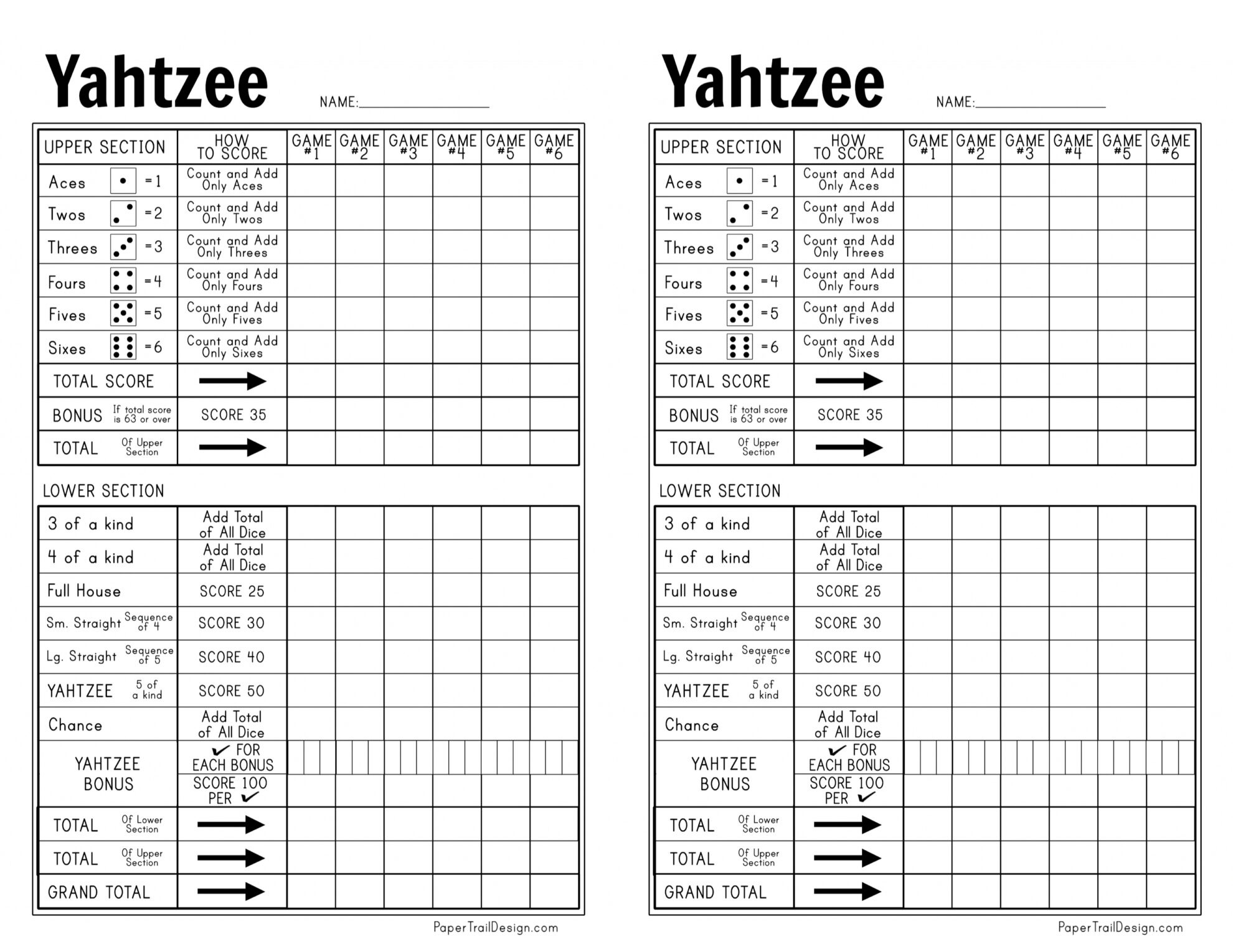 Free Printable Yahtzee Score Card - Paper Trail Design pertaining to Printable Yahtzee Score Sheets