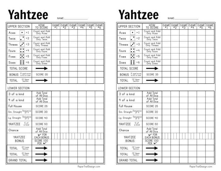 Yahtzee Score Card Printable