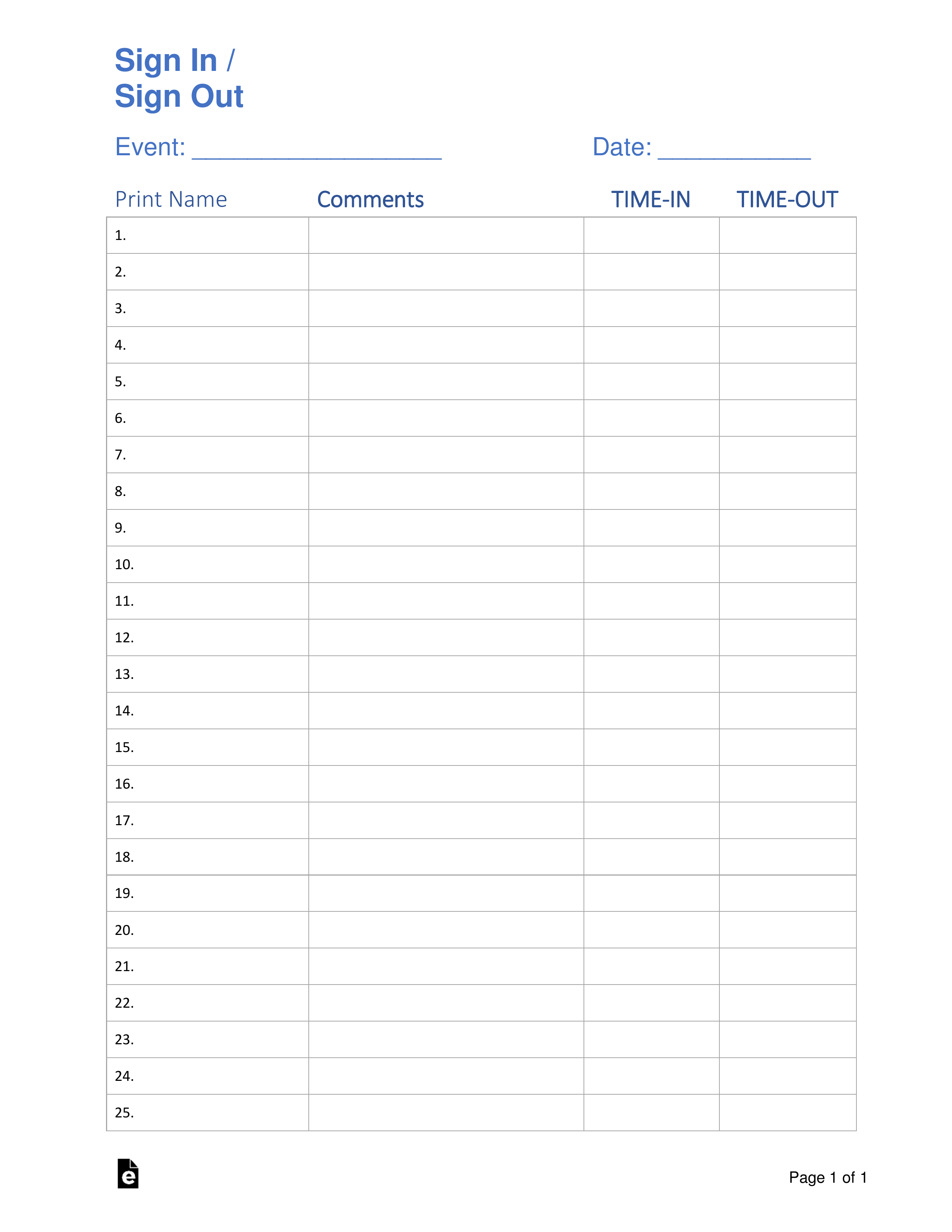 Free Sign In / Sign Up Sheet Templates - Pdf | Word – Eforms with regard to Printable Sign In Sheet