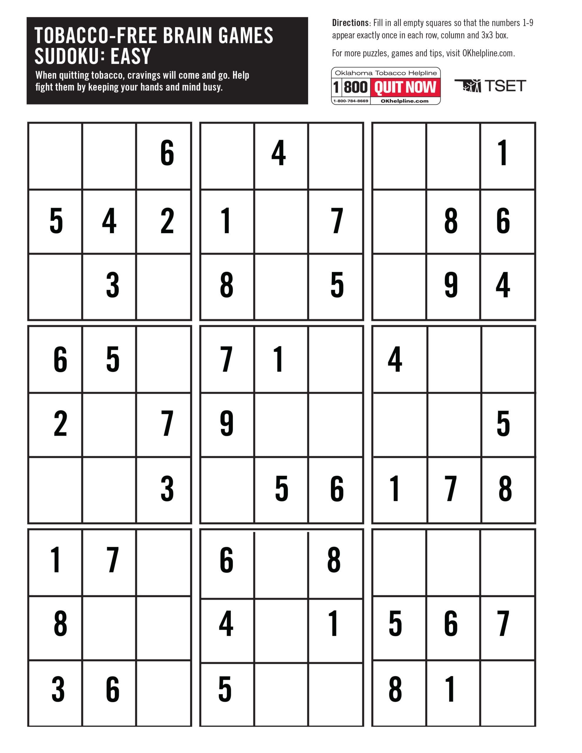 Free Sudoku Puzzles | Printable | Oklahoma Tobacco Helpline in Free Online Printable Sudoku