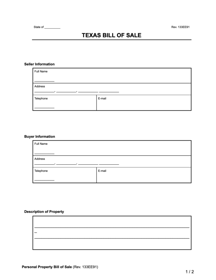 Printable Bill of Sale Texas