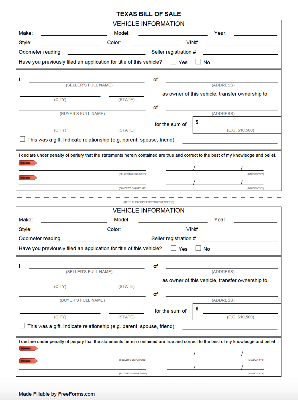 Free Texas (Dmv) Bill Of Sale Form For Motor Vehicle, Trailer, Or regarding Printable Bill of Sale Texas